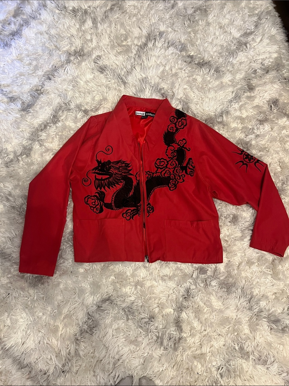 Jamie Sadock Red Bomber Jacket with Black Dragon Embroidery
